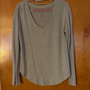 Gray Green Ribbed V-Neck Women's Top